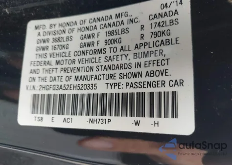 2014 Honda Civic Lx z USA, uszkodzony, nr VIN 2HGFG3A52EH520335